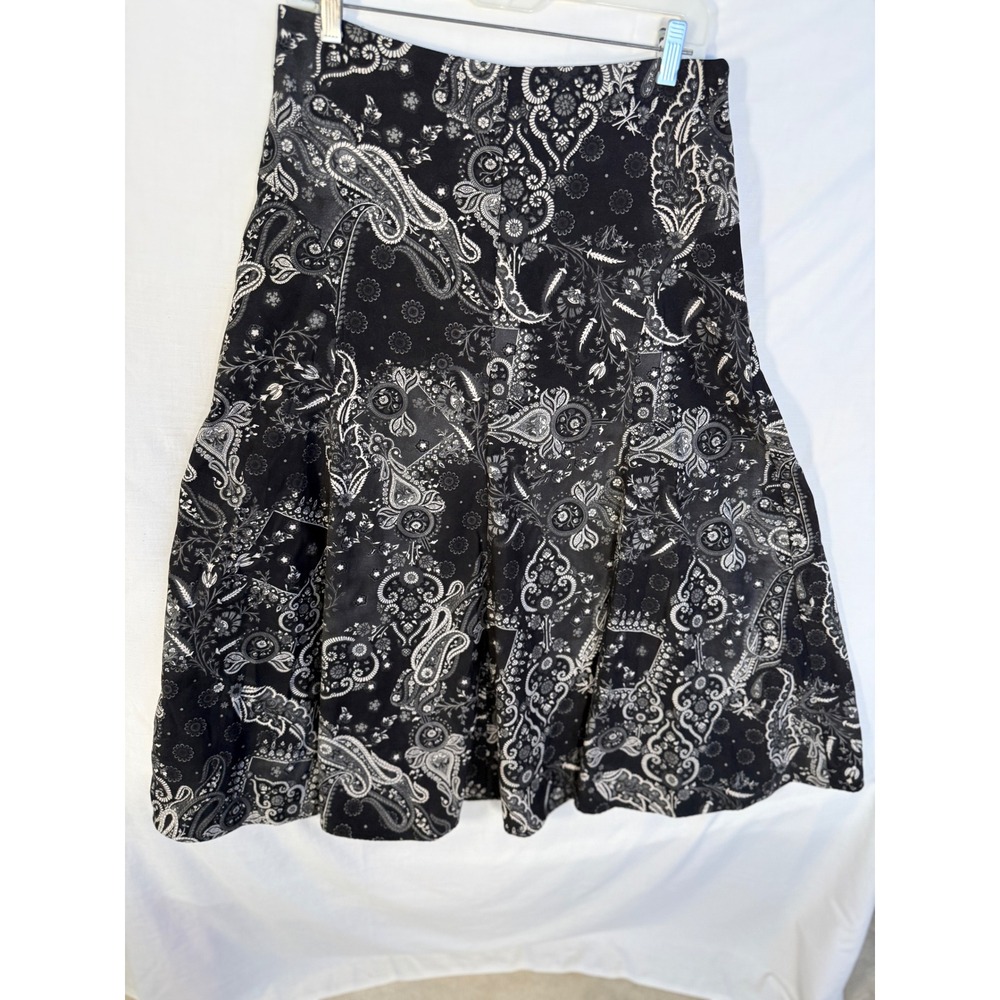 Christopher & Banks Womens 8 Black White Paisley Midi Skirt A-Line Side Zip Boho